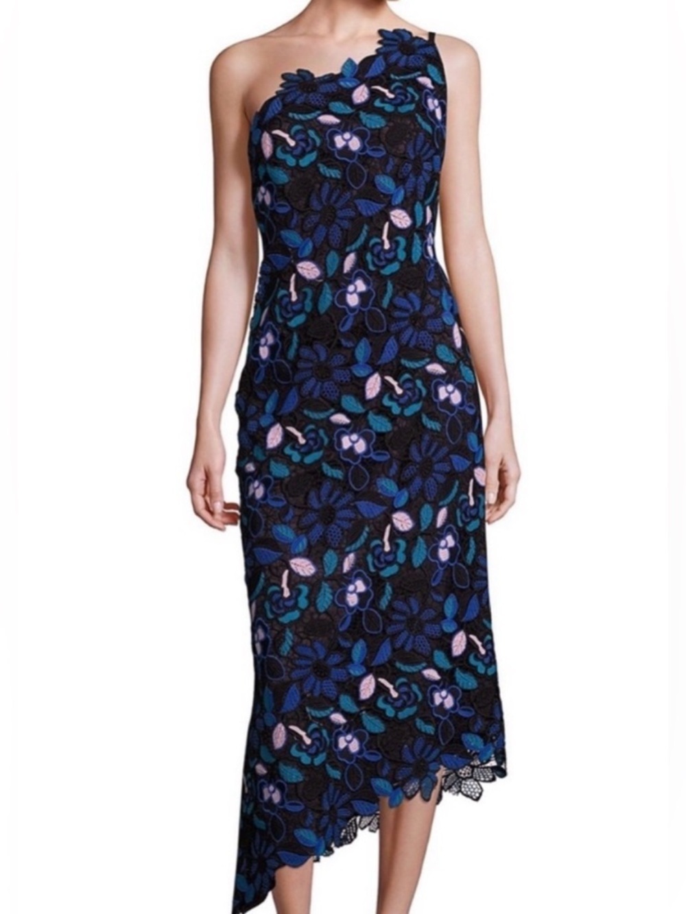 Laundry Shelli Segal floral lace asymmetrical platinum collection midi dress 6